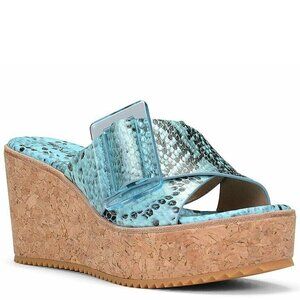 Donald Pliner Illiad Leather Snake Buckle Platform Cork Wedges Blue Black